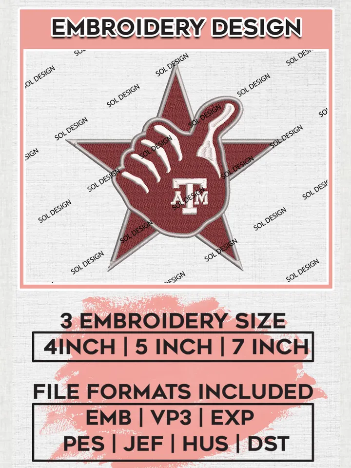 Texas A&M Aggies NCAA Team Hand Logo embroidery designs, NCAA Texas A&M Aggies Logo Machine embroidery designs, NCAA Logo embroidery designs, NCAA Lopes Machine embroidery designs, Digital Download