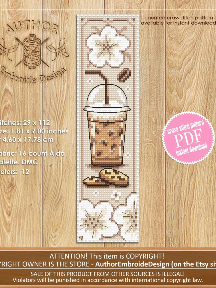 Coffee bookmark cross stitch pattern PDF download Coffee cross stitch chart, Bookmark pattern digital PDF, Iced coffee glass #B377