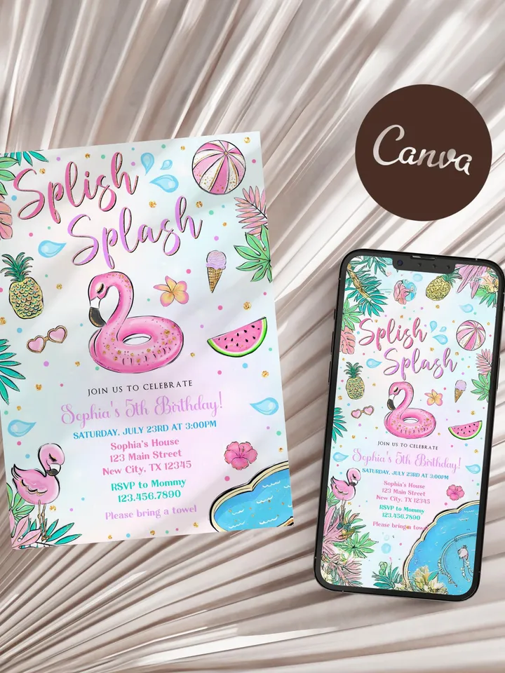 Flamingo Birthday Invitation, Splish Splash Birthday Invitation, Flamingo Pool Party Invitation Girl Instant Download Editable Template