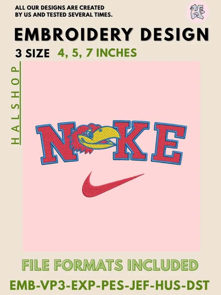 NCAA Kansas Jayhawks Nike Logo Embroidery Design | Machine Embroidery File | 3 Sizes, 6 Formats | NCAA College Team Design