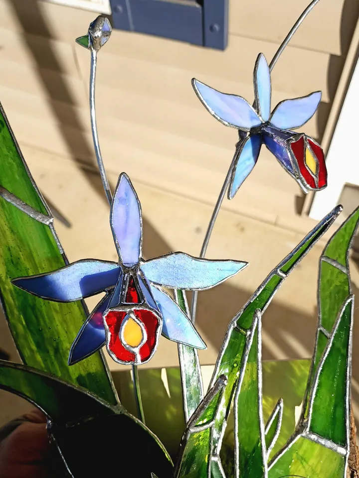 Stained-Glass Orchid Mounted on Wood Oncidium Cattleya Laelia Type Orchid in Bloom Blue Orchid Stained Glass Wall Art for Rare Orchid Lover