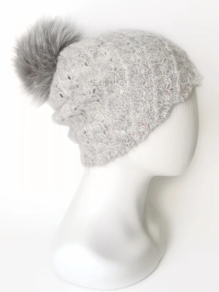 Hand-Knit Mohair Women's Hat in Light Grey with Pom Pom - Unique Winter Accessory. Cozy Handcrafted Women's Beanie. FREE SHIPPING!