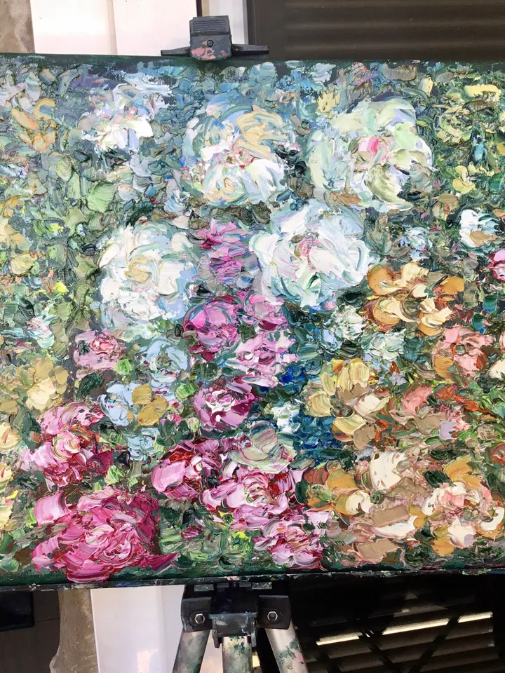 Flower garden,original oil impasto painting on canvas,floral landscape painting,pink white flowers painting on large canvas,wall decoration