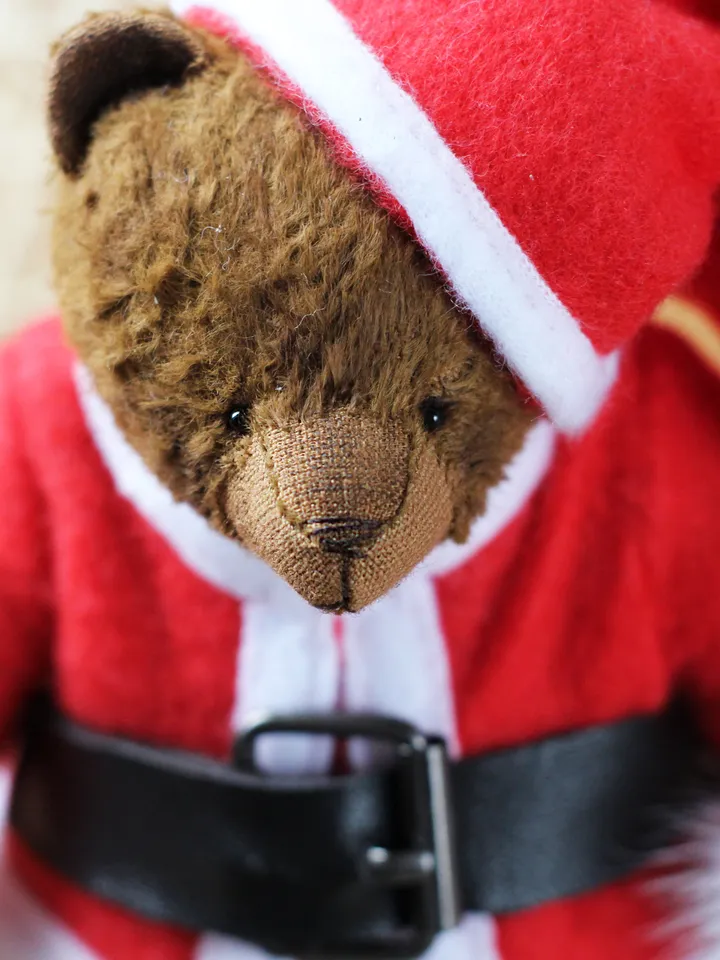 Artist Teddy bear interior toy in Santa Claus outfit, Mini bear artist teddy doll in vintage style, Ooak teddy bear