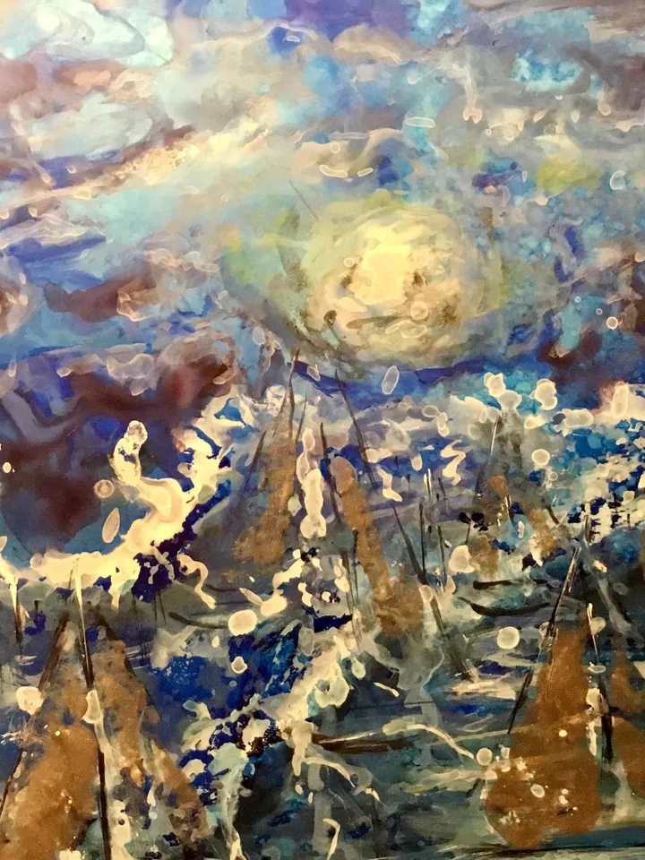 Moonlight boats,original mix media painting on yupo paper,fantasy artwork,gift,home decoration modern art