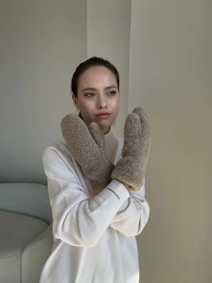 Genuine shearling mittens dark beige colour/ real fur mittens /women cold weather designer gloves / warm cosy mittens/ winter wear