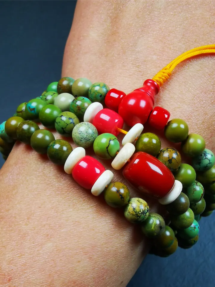 Gandhanra Old 108 Turquoise Beads Mala,Tibetan Prayer Beads for Meditation,Diameter 0.28", Circumference 32 inches