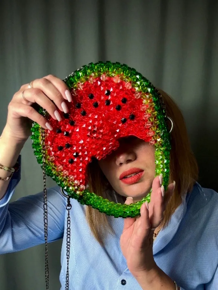 Watermelon beaded handbag, women bag, shoulder bead bag, purse for summer, bridesmaid woven bag, festival bag, small crossbody, luxury gift
