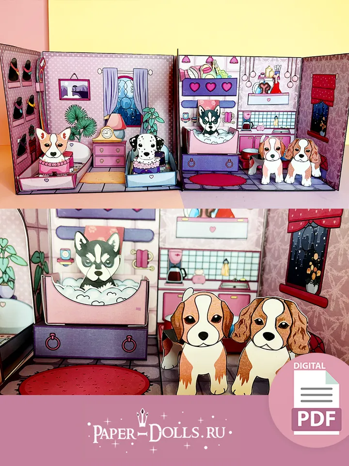 Paper dogs with clothes and house