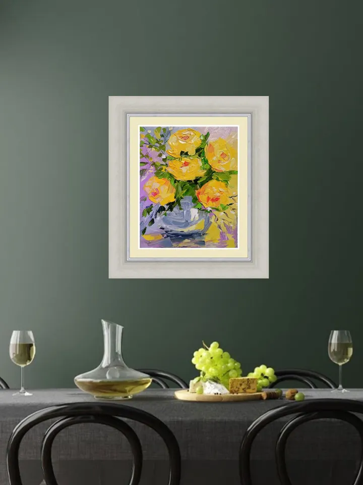 Roses Yellow Painting Original Art Impasto Oil Painting on Cardboard