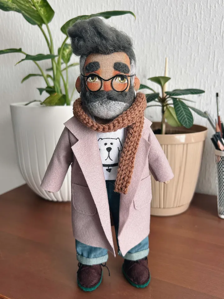 Textile art doll bearded man with grey hair