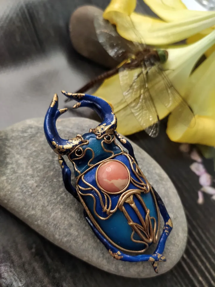 Blue Beetle Brooch, Insect Brooch, Large Beetle, Stag Beetle, Art Nouveau Beetl