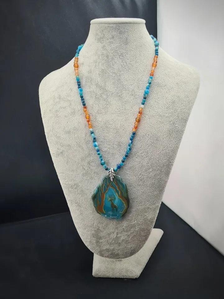 Deer necklace Agate necklace Real oil painting of deer Lacquer miniature