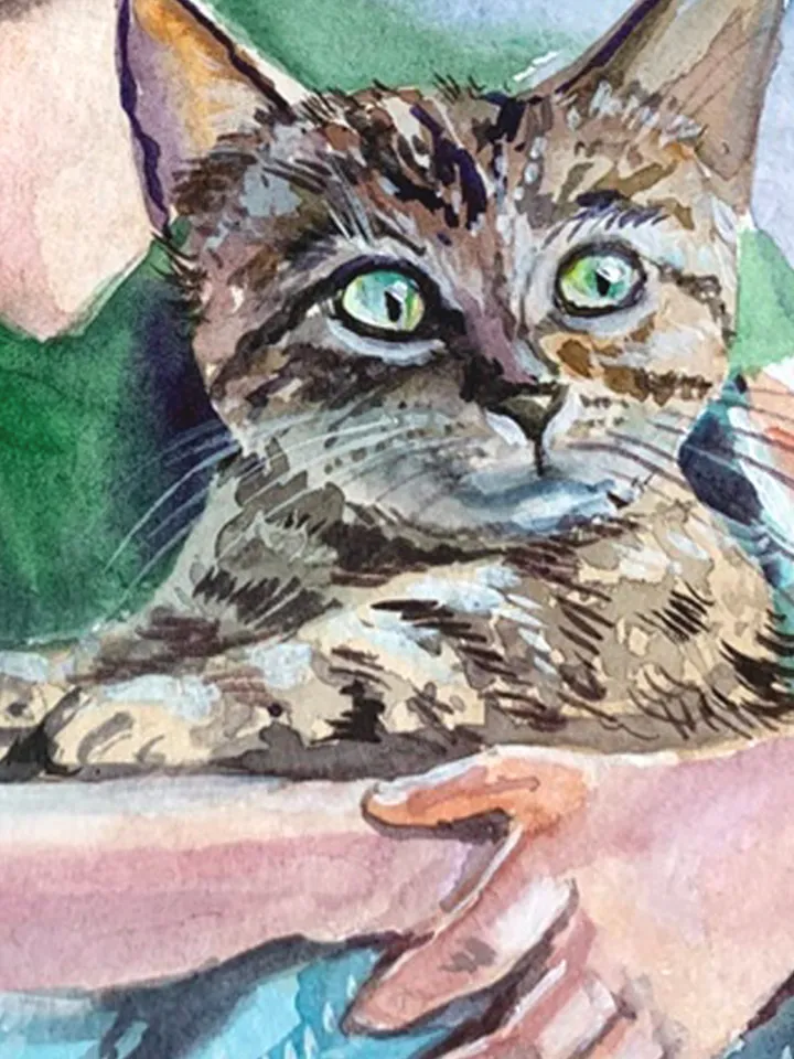A girl with a kitten, watercolor painting, Portrait of a little girl