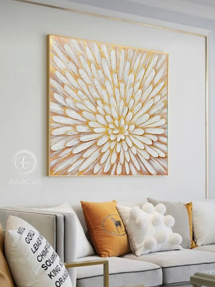 Gold and White Floral Wall Art Abstract Original Painting Textured artwork Modern wall decor