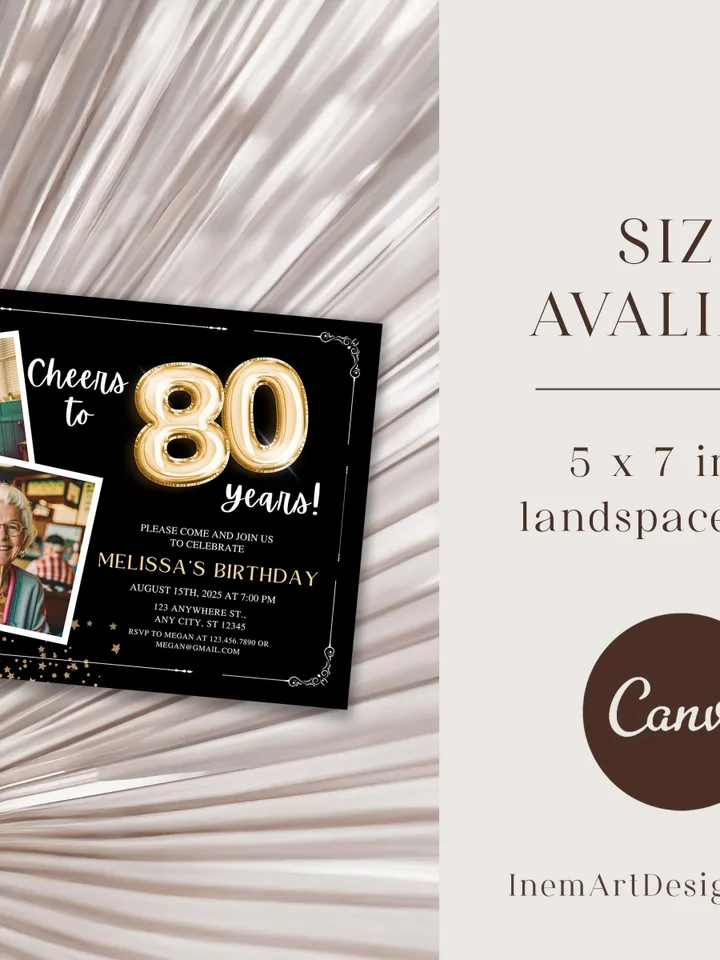 80th Birthday Invitation with Photo Adult Women's Cheers to 80th Birthday Invite Black and Gold Party Card for Grandma Canva Template