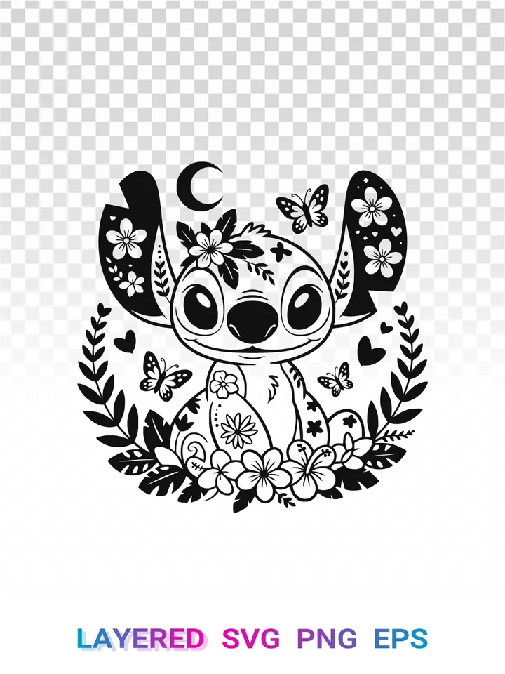 Stitch SVG PNG, Disney Lilo Stitch Floral 🌺 Layered