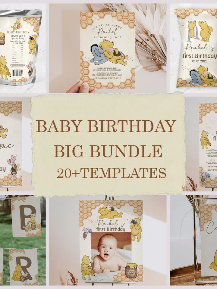 DIY Winnie Pooh Birthday Bundle; Editable 1st Birthday Party Template; Winnie the Pooh Birthday Party; Pooh Birthday Party Decoration; hc12