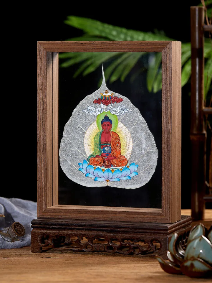 Gandhanra Handpainted Bodhi Leaf Thangka,Packed in Wooden Picture Frame,Painted with Natural Mineral Pigments,Green Tara Thangka