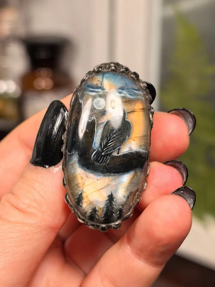 Raven ring Crow ring Viking ring Labradorite ring Oil painting miniature