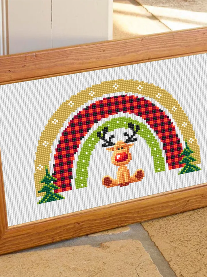 Christmas rainbow reindeer cross stitch pattern PDF download, Buffalo plaid rainbow cross stitch chart, Christmas pattern digital PDF #N135