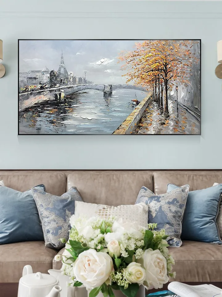 Large Original Oil Painting on Canvas,Abstract Art,Boho Wall Decor,Lake,Trees,Landscape,Bridge,Nature,Living Room Painting, Large Wall Art