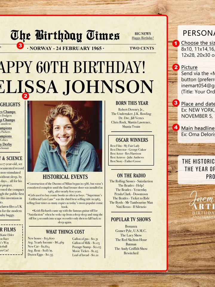 60th Birthday Newspaper Poster for Dad or Mom β Born in 1965 Sign, Back in 1965 Printable Gift, Vintage 60th Birthday Decorations