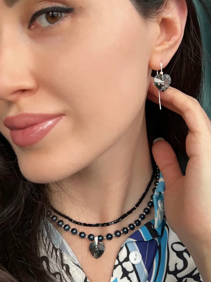 Pearl Silver 925 Jewelry Set Necklace Earrings BLACK HEART