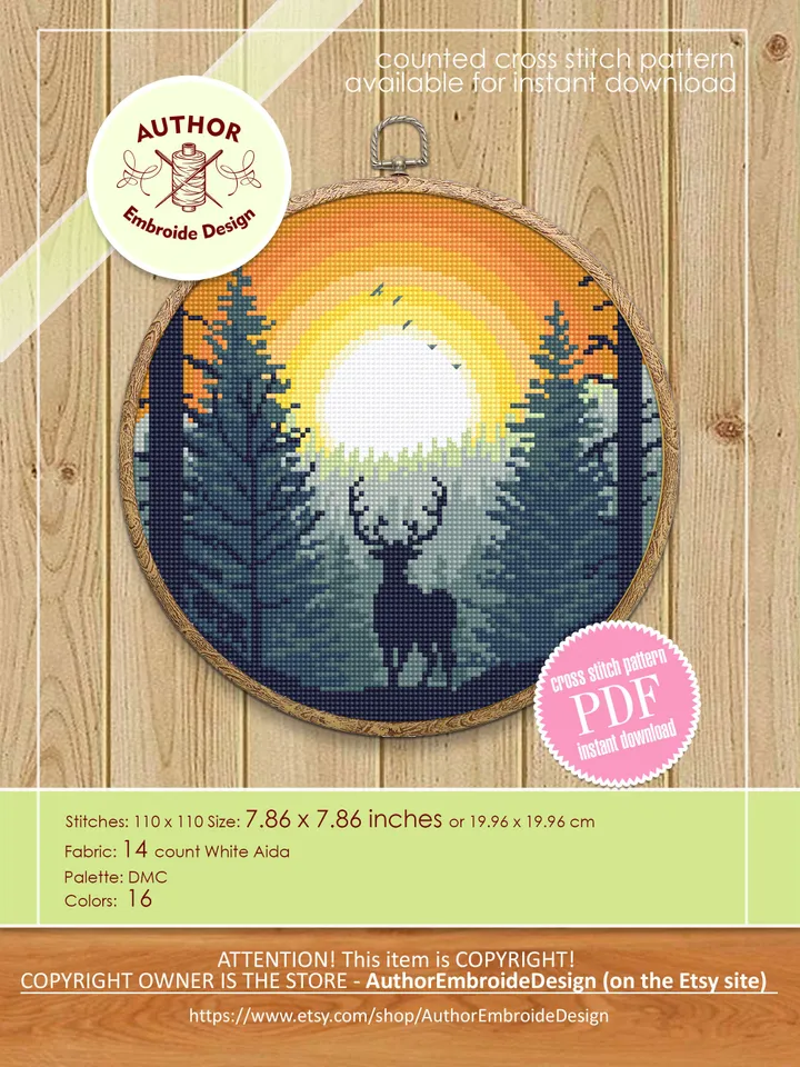 Nature landscape cross stitch pattern PDF download Deer in forest cross stitch chart, Forest sunset pattern digital PDF Deer silhouette #L75
