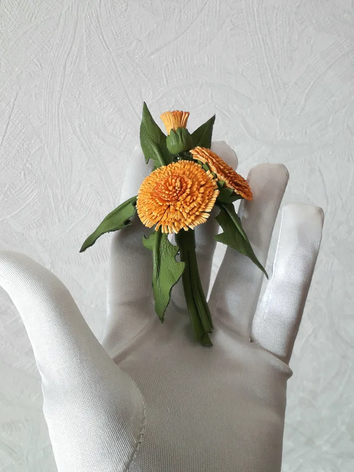 Leather brooch dandelion for her, Leather jewelry, 3rd anniversary gift for wife