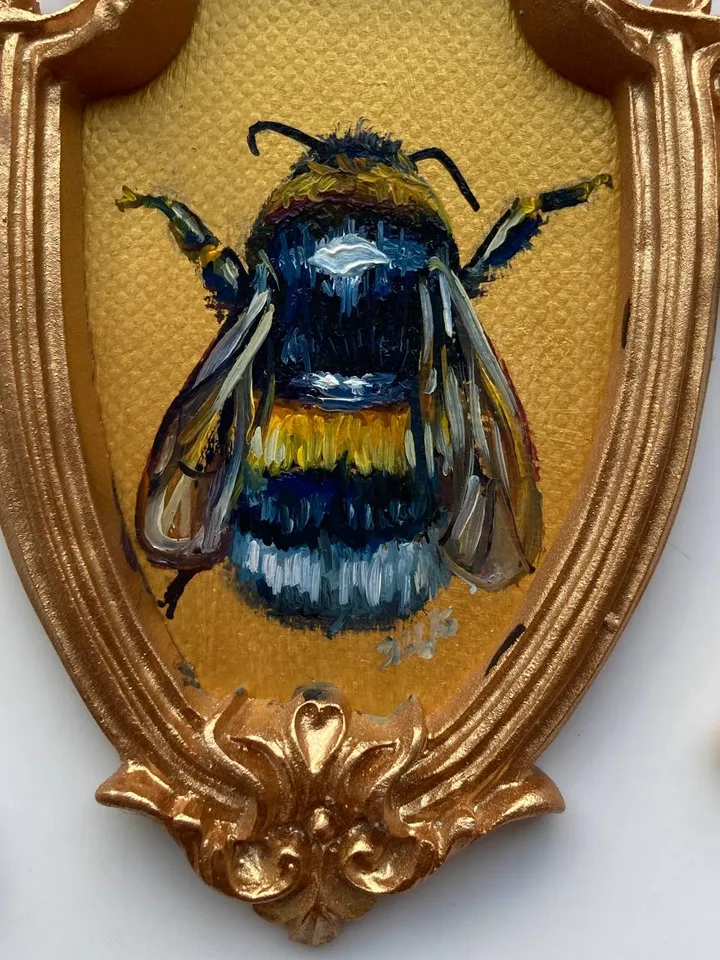 Framed Bumblebee Oil Painting Original Entomology Art Bee Painting Victorian