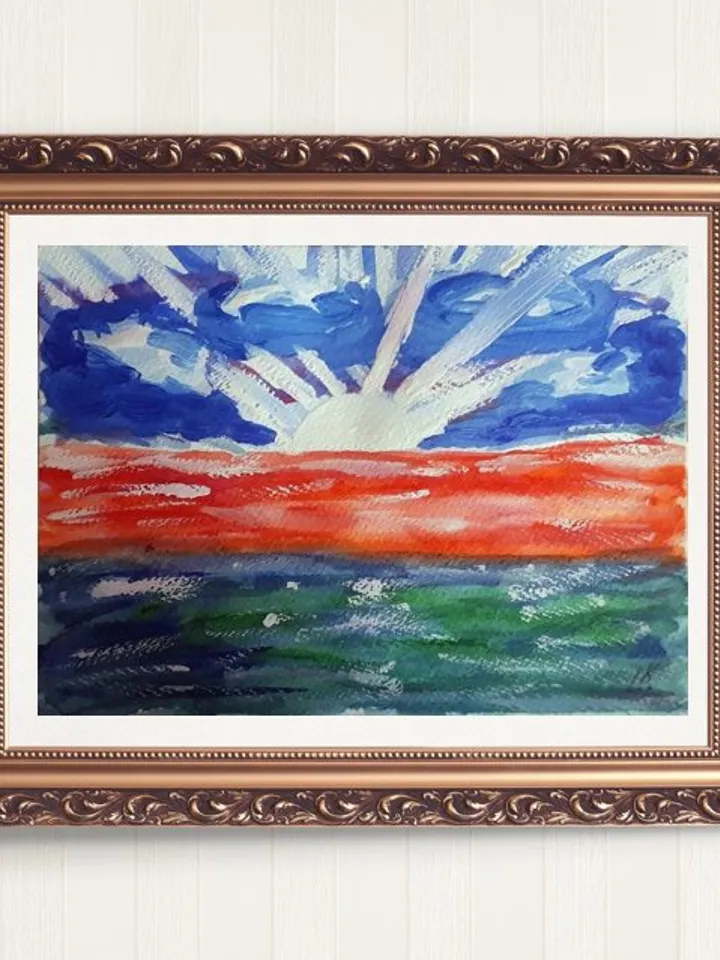 Beautiful Sinrise Seascape Painting Gouache Art on Paper