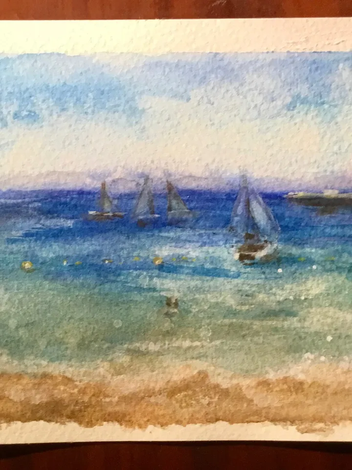 Tenerife Panoramic seascape,Las vistas beach,original watercolour painting,ocean,beach painting,boats painting,watercolour gifts.