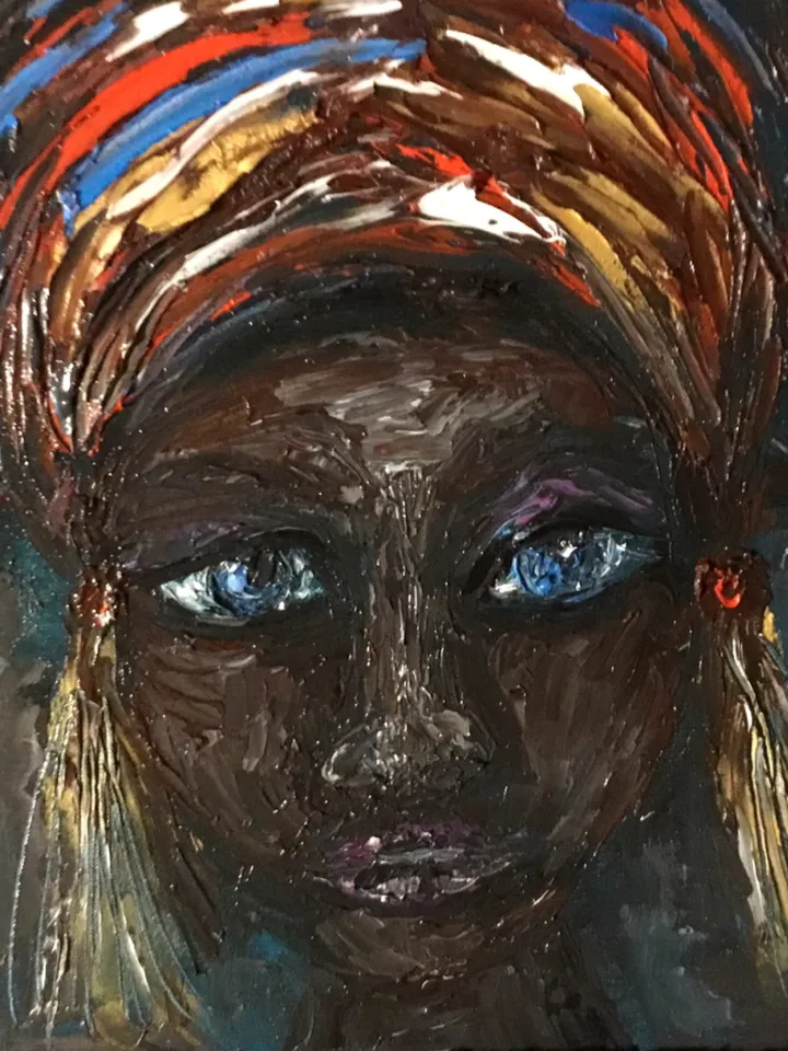 African girl original oil painting on stretched canvas,woman in a headscarf with earrings,,small gift,home decoration.
