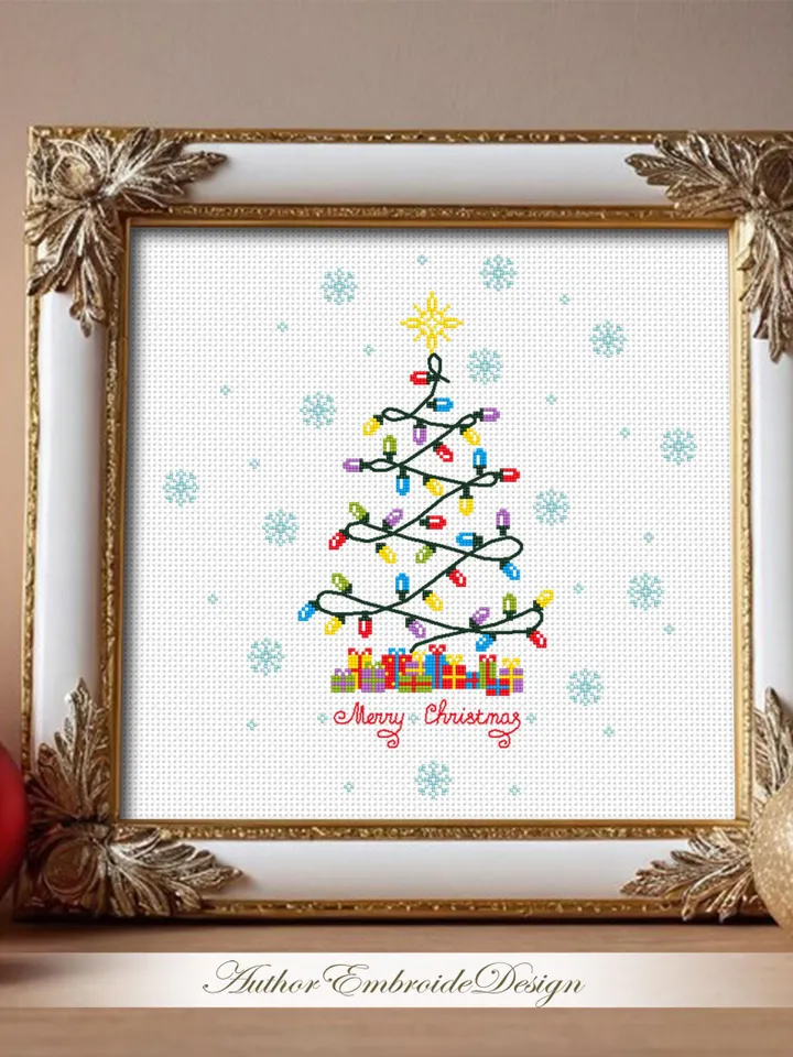 Christmas tree lights cross stitch pattern PDF download Xmas cross stitch chart, Merry Christmas pattern digital PDF, Christmas decor #N153