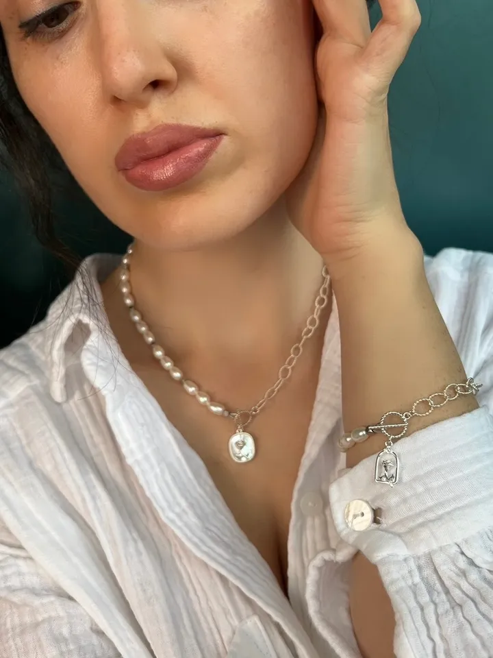 Pearl Silver 925 Jewelry Set Necklace Bracelet BELLE