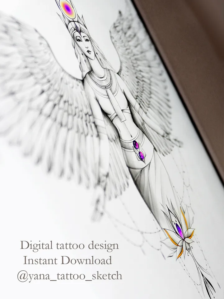 Isis Goddess Tattoo Design Isis Egyptian Goddess Tattoo Idea Drawing Sketch, Instant download JPG, PDF, PNG