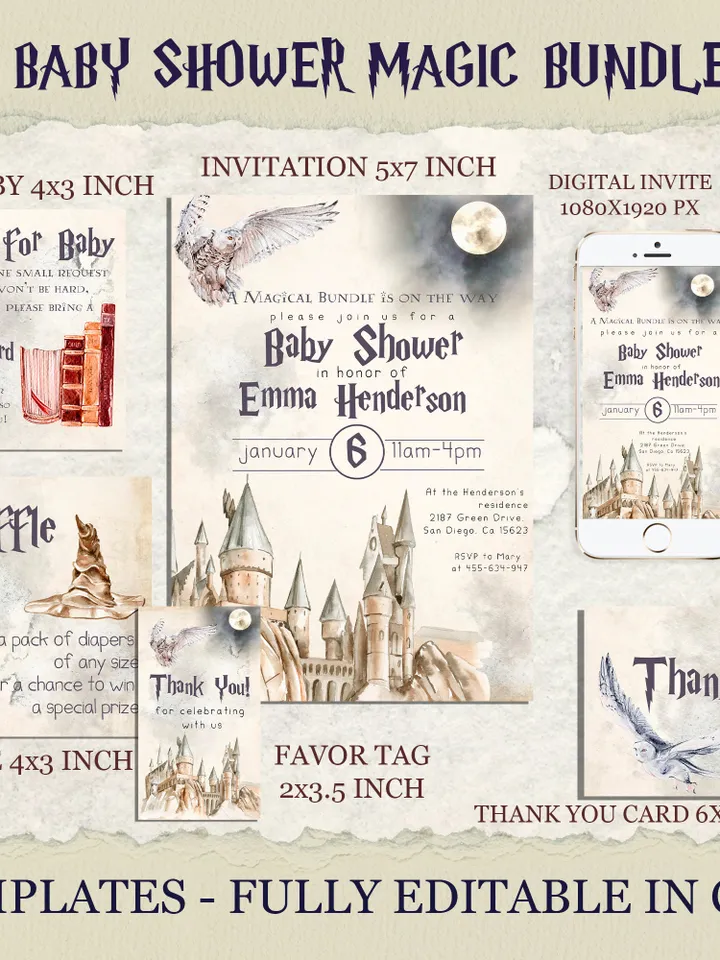 Wizard Baby Shower Invitation; Magic School Baby Schower kit template; A Magical Bundle on the Way; Magic School Invite Pack editable canva
