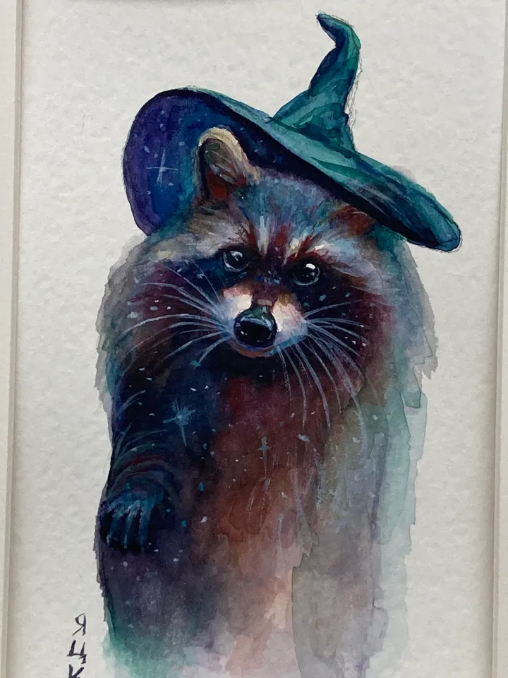 Raccoon Painting Original Watercolor Painting Raccoon Gift Small Animal Art Raccoon Illustration Witch Raccoon