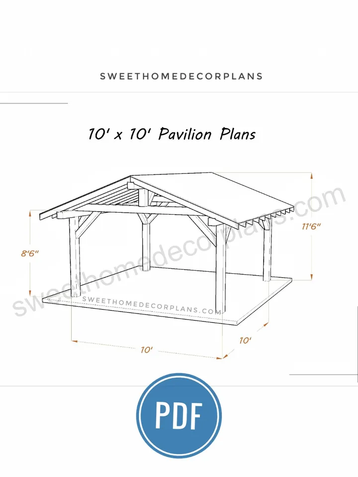Diy 10 x 10 gable pavilion plans in pdf. Carport plans. Diy backyard wooden pergola plans for outdoor. Square outdoor pavilion gazebo plans.