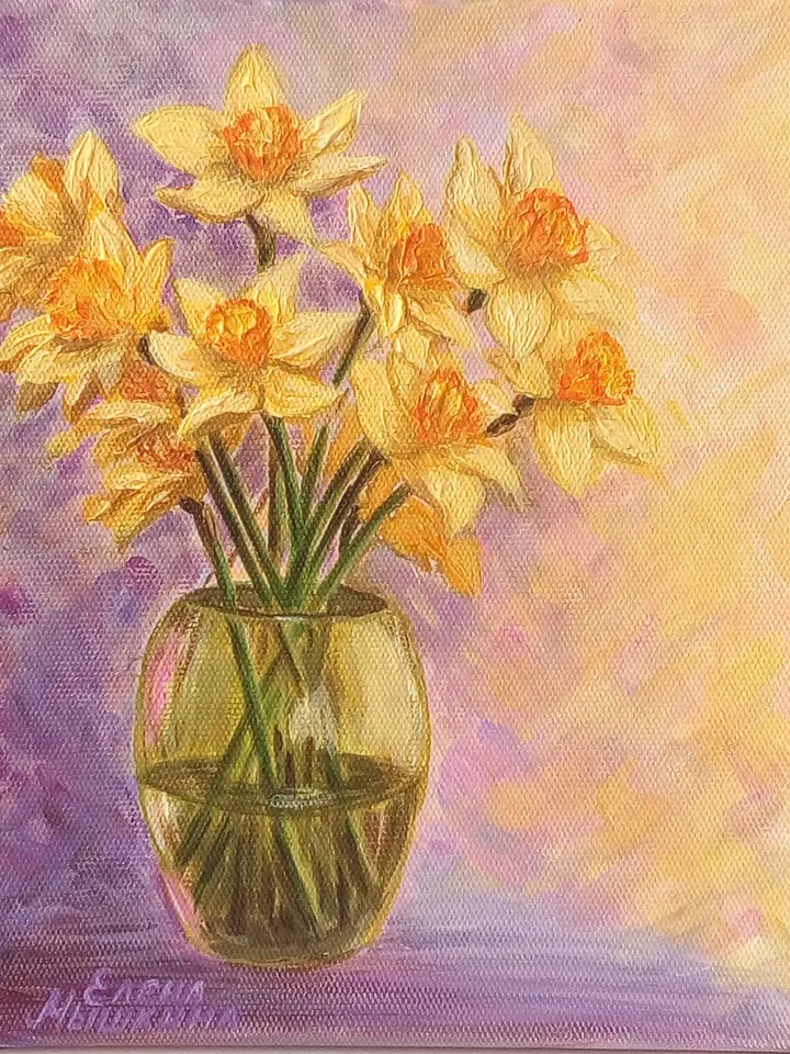 Painting with daffodils, Daffodils in a vase painting, Acrylic painting, Painting with flowers, Flowers painting, Daffodils art.
