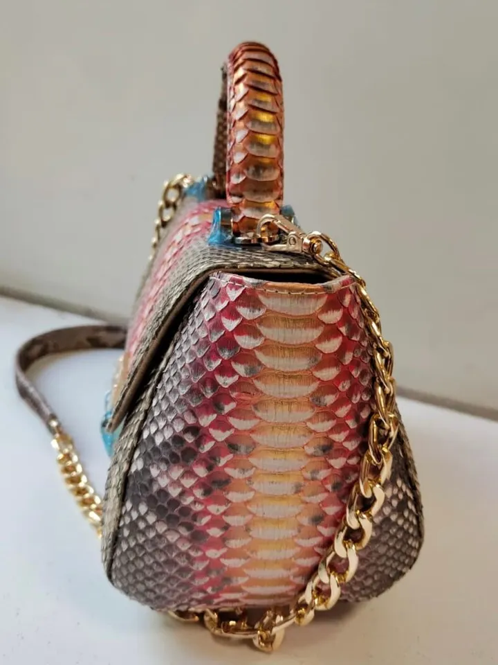 Genuine python top handle bag / designer bag / exotic leather bag /bronze leather designer women purse / classy elegant snake print bag