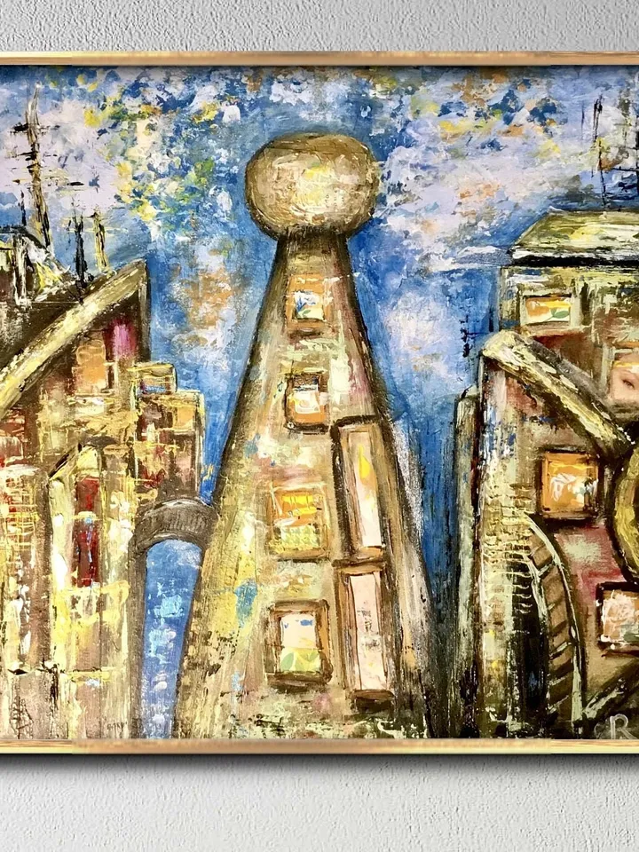 Sky town,original mix media painting on cardboard,collage and acrylic painting,fantasy cityscape,wall art.
