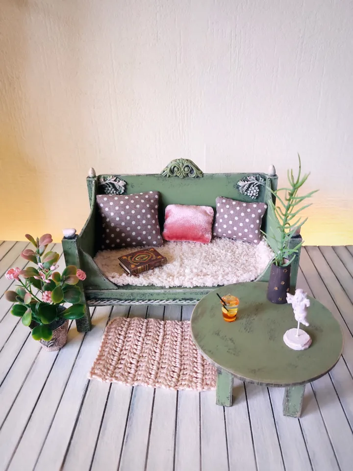 Dollhouse Furniture Set with Mint Sofa and Accessories for dolls scale 1/6