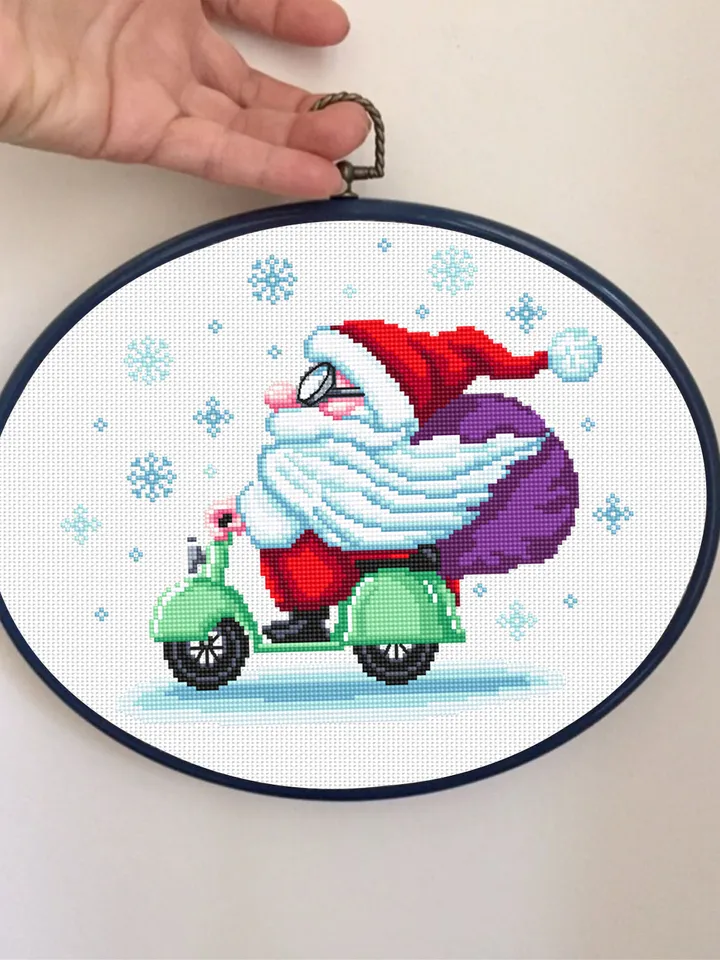 Funny Christmas santa cross stitch pattern download PDF, Santa Claus cross stitch chart, Winter holiday embroidery, Santa on motorbike #N65