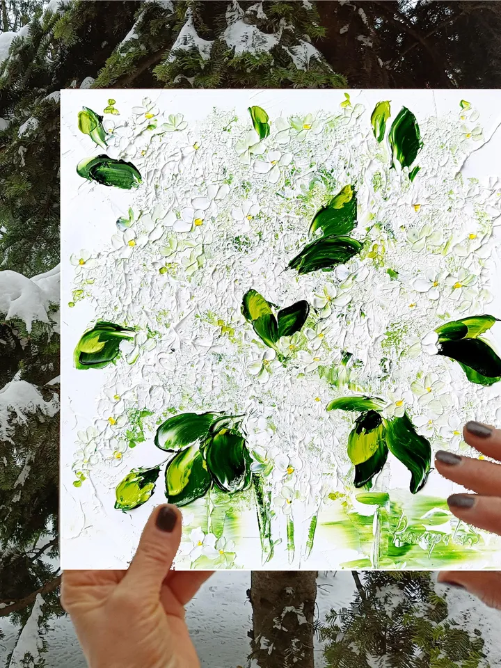 White Lilac Oil Painting Modern Floral Wall Art Original Impasto Flower Painting Unique Gift for Art Lovers 10x10 by ArtProkopaloSv