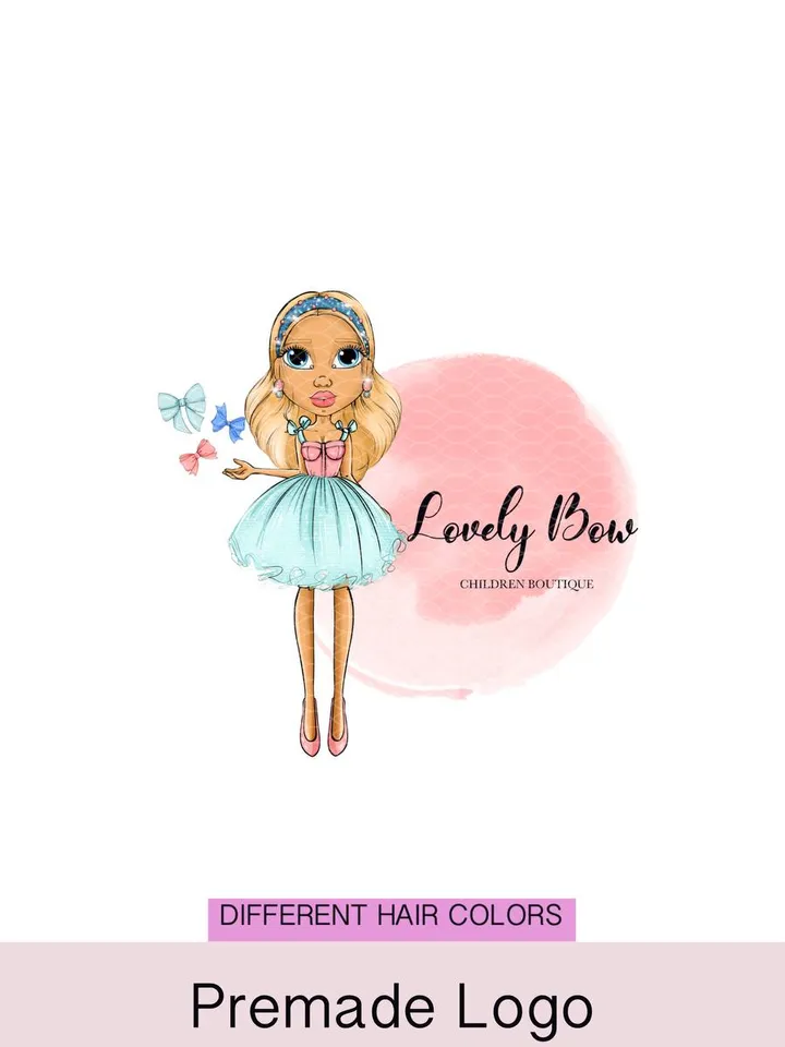 Wonderful Bow Hair Accessories Premade Logo, Small Business Logo, Girl Character Logo, Cartoon Logo, Crafter Logo, Handmade Bow Logo Design