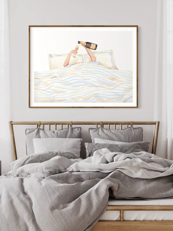 Champagne Drinking Woman, Watercolor Painting, In Bad Wall Art, Champagne Painting, Wine In Bad, Girls Bedroom Decor, Champagne Lovers