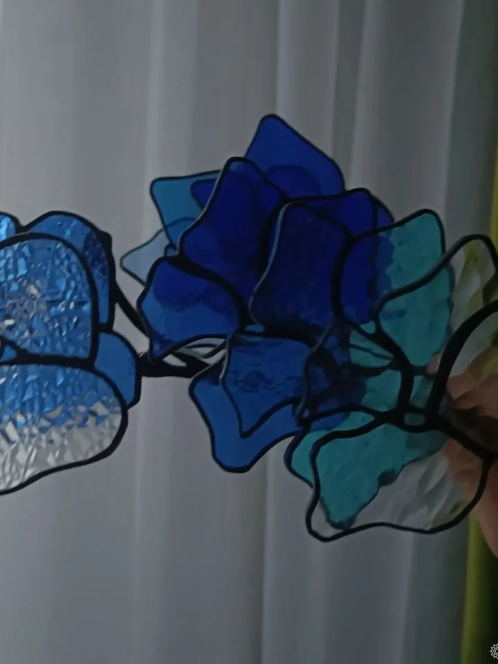 3D Blue-Turquoise Branch, 3D Blue-Turquoise Floral Branch in Stained Glass, 3D Stained Glass Branch with Blue and Turquoise Flowers, Blue and Turquoise 3D Stained Glass Stem, 3D Blue-Green Flowering Branch in Stained Glass, Stained Glass 3D Branch in Blue