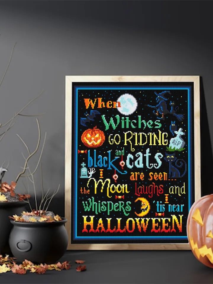 Halloween quotes cross stitch pattern download PDF Horror Halloween night cross stitch Magic xstitch chart Black witch cat embroidery #H18
